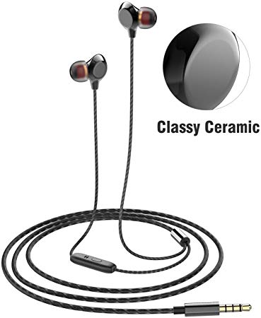 Cute Ceramic Earphones, 3.5mm in-Ear Graphene Hi-fi Headphones Clear Crystal Sound Rich Bass, Comfy Snug Fit Earbuds with Mic and Tangle-Free Braided Wire - Honesun (Black)