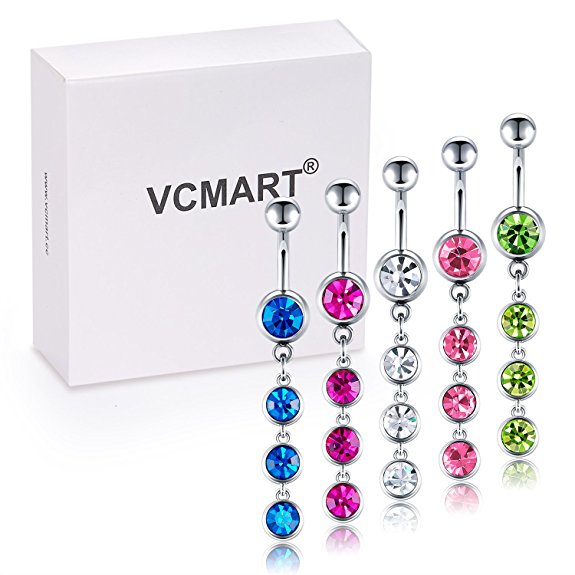 Vcmart 5 pcs Jeweled Belly Button Rings Dangle Surgical Steel 5 Different Colors CZ Navel Rings