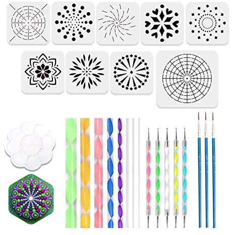 26pcs Mandala Dotting Tools for Rock Painting, Coloring with 9 Mandala Dotting Stencils, 8 Acrylic Sticks, 5 Double Sided Dotting Tools, 3 Brushes and 1 Paint Tray