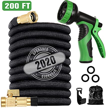 LINQUO 200 ft Flexible and Expandable Garden Hose - Strongest Triple Latex Core with 3/4" Solid Brass Fittings Free 9 Function Spray Nozzle, Easy Storage Kink Free Water Hose