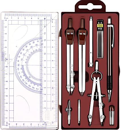 13 Pieces Math Compass and Protractors Set Geometry Tools Kit Metal Geometry Drawing Tools Precision Set Circle Rulers for Architects Engineers Students (Brown)