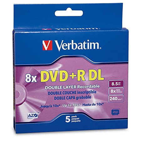 Verbatim DVD R DL AZO 8.5GB 8x-10x Branded Double Layer Recordable Disc, 5-Disc Slim Case 95311
