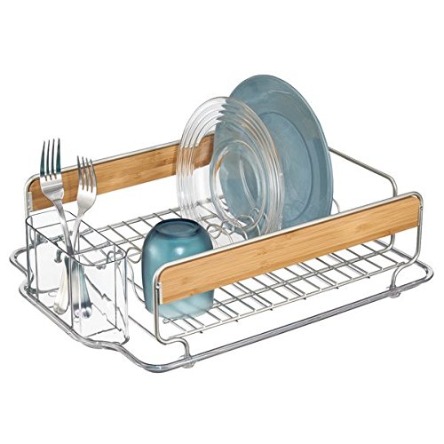 mDesign Kitchen Dish Drainer Rack for Drying Glasses, Silverware, Bowls, Plates - Satin/Natural Bamboo