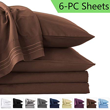 LIANLAM Queen 6 Piece Bed Sheets Set - Super Soft Brushed Microfiber 1800 Thread Count - Breathable Luxury Egyptian Sheets Deep Pocket - Wrinkle and Hypoallergenic(Queen, Brown)