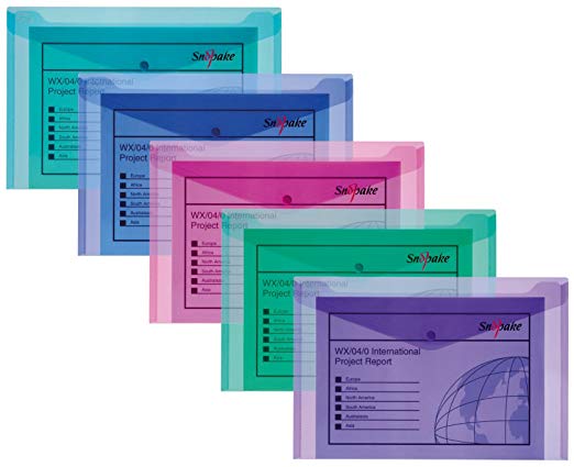 Snopake 12844 Polyfile A4 Popper Wallet File with Press Stud  Electra Assorted Colours (Pack of 5)