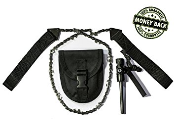 Survival Pocket Chain Saw Chainsaw 24 Inches Portable Hand Saw For Camping Hiking Backpacking Hunting Boy-scouts Emergency Gear Backyard Cleanup Pruning   Compass Fire Starter!