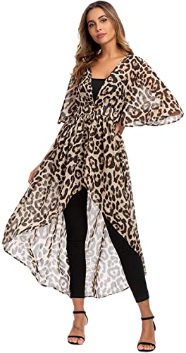 Blooming Jelly Womens Leopard Print Kimono Asymmetrical Long Beach Swimsuit Bathing Suit Cover Ups