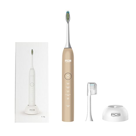 PCS Waterproof Electric Toothbrushes Clean Teeth Rechargeable Sonic Electric Toothbrushes 5 Modes 2 Replacement Heads Toothbrushes UK Plug ( T-7S-Gold)