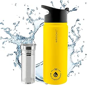 GROSCHE Chicago Steel 16 oz Stainless Steel water bottle (Yelow) with Jumbo Infuser. Vacuum Insulated Infuser water bottle flask. For sports, yoga, tea, hydration. Snap lid.