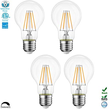 A19 Dimmable LED Edison Light Bulb Filament Vintage E26 Base 4.5Watt(40W Equivalent) for Home Outdoor:2700K,Warm White,400lm, CRI&gt;80cri,Screw Clear Glass,ETL&Energy Star&ERP&Reach&ROHS Listed(4 Pack)