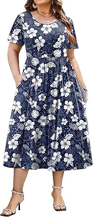 IN'VOLAND Women Plus Size Short Sleeve Dress Loose Summer Casual A-Line Flowy Midi Dresses with Pockets