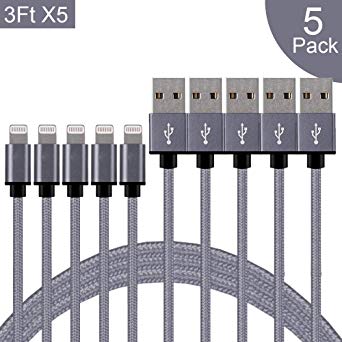 iPhone Fast Charger MFi Certified, Cable 5Pack 3FT,Nylon Braided Charger to Cable Data Syncing Cord Compatible with iPhone X XS XsMax XR 8 8Plus 7 7Plus 6S 6Splus 6 6Plus 5S 5(Gray)