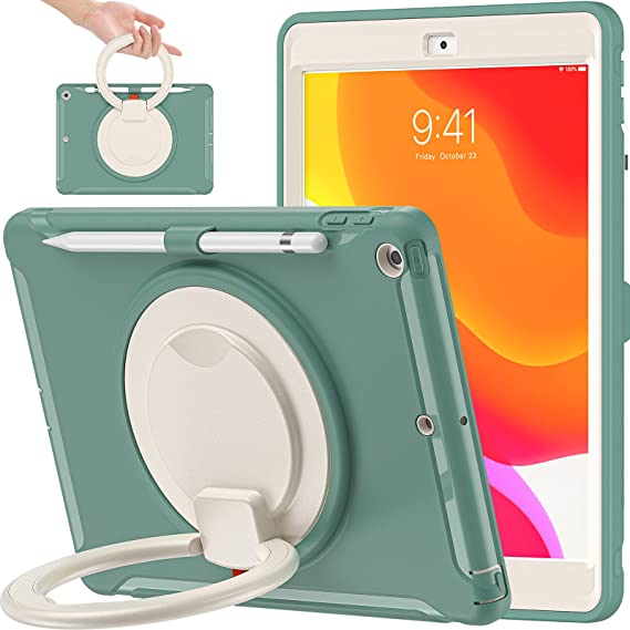 BATYUE iPad 9th/ 8th/ 7th Generation Case (iPad 10.2 Case 2021/2020/2019) with Screen Protector,Rugged Case with Rotating Stand/Pencil Holder/Pencil Cap Holder (Emerald Green)