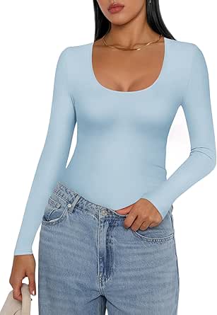 Ekouaer Women Long Sleeve Shirt Scoop Neck Tops Slim Fit Basic Top Thermal Undershirts Base Layer Tee