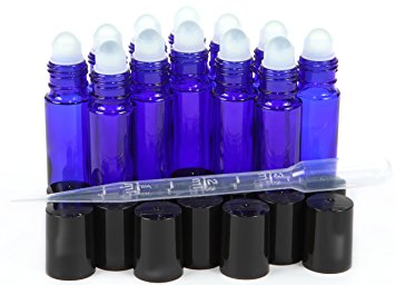 12, Cobalt Blue, 10 ml Glass Roll On Bottles with 3 ml Dropper