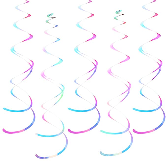 Iridescent White Hanging Swirl Decorations for Ceiling, Sparkly Transparent White Children's Birthday Party, Unicorn Party Decorations, Pack of 18