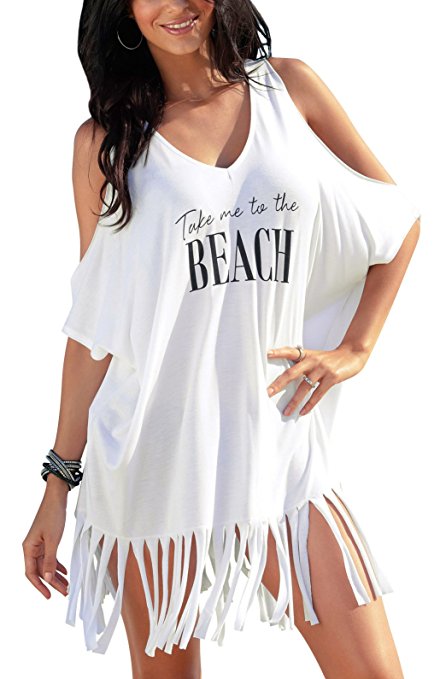 Oryer Womens Letters Print Baggy Swimwear Bikini Cover up Beach Dress T-Shirt