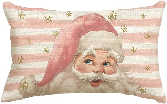 AVOIN colorlife Pink Santa Claus Stripes Throw Pillow Cover, 12 x 20 Inch Pink Christmas Cushion Case Decoration for Sofa Couch