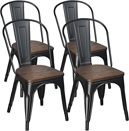 Metal Dining Chairs Stacking Metal Farmhouse Chairs with Rubber Feet Wood Seat Kitchen Chairs Trattoria Chairs for Restaurant Bistro Cafe Industrial/Vintage/Rustic Matte Black Set of 4