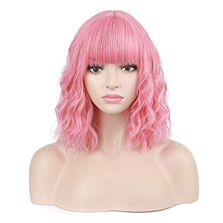 Jesban Pink Wig for Women, Short Curly Bob Wigs with Bangs for Girls Synthetic Fiber Pink Wigs with Wig Cap