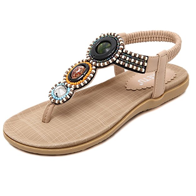 Meeshine Women's Summer Thong Flat Sandals T-Strap Bohemian Rhinestone Slip On Flip Flops Shoes