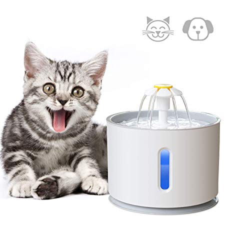 ADOV Pet Water Fountain, 2.4L Indoor and Outdoor Automatic Electric Cat Drinking Water Dispenser Portable Hygienic Replaceable Filter Flower Style Water Bowl for Cats, Dogs and Small Animals – Grey