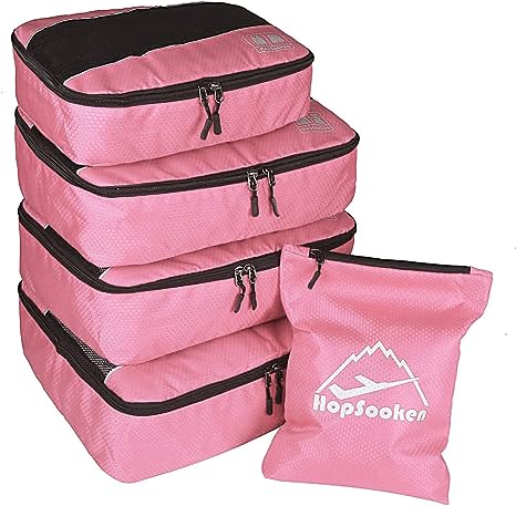 5pc Packing Cubes Set Large Travel Luggage Organizer 4 Cubes 1 Laundry Pouch Bag (Pink)