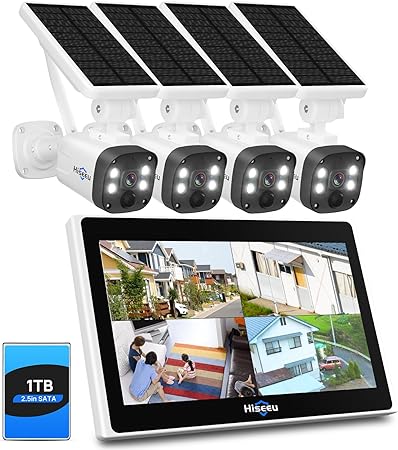 [1TB HDD,4MP Spotlight] Hiseeu Solar Home Security Camera System, Bullet Solar Security Cameras Wireless Outdoor,10CH 10 Inch LCD 4K NVR,Smart Human Detection,2-Way Audio,Motion Record