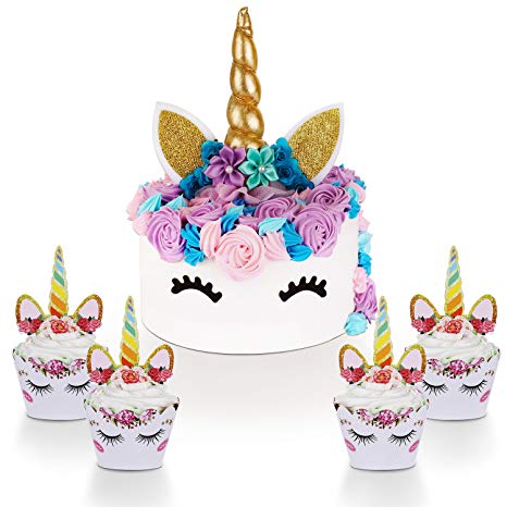 Unicorn Cake Topper with Eyelashes and Cupcake Toppers & Wrappers (Set of 24) - Unicorn Party Decoration Kit for Birthday, Baby Shower, and Wedding