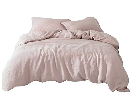 PHF 100% French Linen Duvet Cover Set Durable Breathable Lightweight Luxurious Vintage 3 Pieces with a Button Closure Queen Size Peachpuff Pink