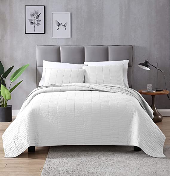 EXQ Home Quilt Set Twin Size White 2 Piece,Lightweight Microfiber Coverlet Modern Style Stitched Quilt Pattern Bedspread Set