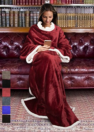 Sherpa Blanket with Sleeves for Women and Men, Super Soft Mink Fleece Wearable Adult Comfy Throw Robe TV Blanket 72" x 55" | Catalonia series by Terrania | Wine