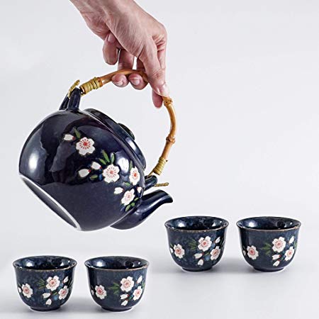 6 1/2" Deluxe Royal Blue with White Plum-Flower Japanese Ceramic Tetsubin Teapot & Teacups, Tea Set, Stainless Steel Infuser & Rattan Handle included