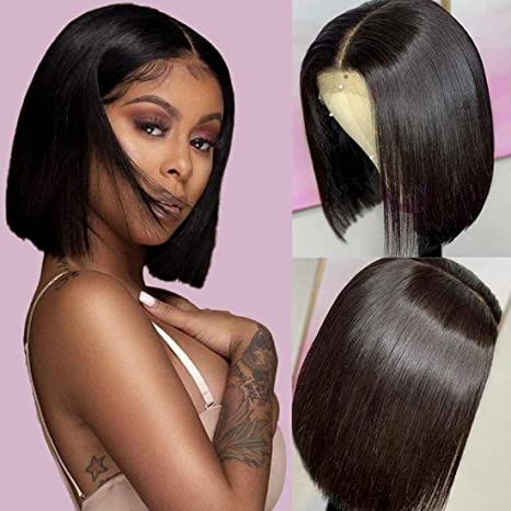 150% Density 2x6 Inch Deep Part Lace Front Pixie Cut Bob Wig, Brazilian Short Black Straight Human Hair Middle Part Lace Frontal Bob Wig for Black Women Pre Plucked Hairline with Baby Hair-8"