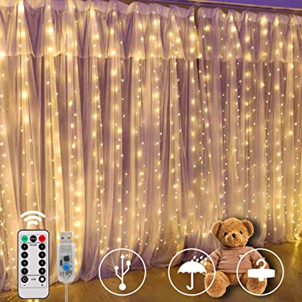 Curtain Lights,300 LED 9.8FT* 9.8FT Fairy Lights with Remote,USB Powered ,8 Lighting Modes Twinkle Lights,String Lights for Party Decor, Bedroom, Christmas, Weddings,Window,Indoor,Outdoor.
