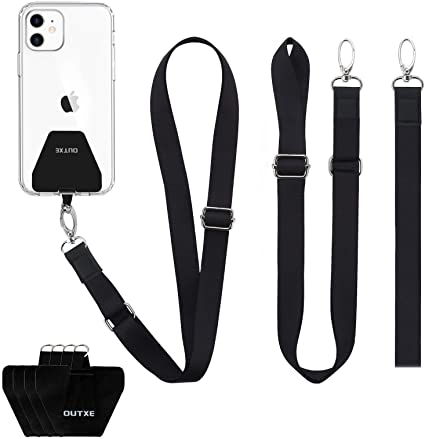 Phone Lanyard with Adhesive, 2× Adjustable Neck Lanyard, 1× Wrist Strap, 4× Durable Pads with Adhesive, Nylon Mobile Phone Lanyard Compatible with Samsung, iPhone and All Smartphones ( Black )