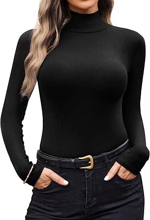 Ekouaer Women Turtleneck Shirt Long Sleeve Layer Tops Basic Ribbed Tees Soft Stretch Thermal Undershirts Lightweight Blouse