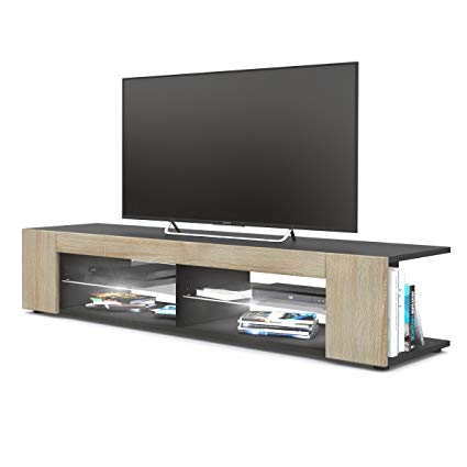 Vladon TV Unit Stand Movie, Carcass in Black matt/Front in Rough-sawn Oak with LED lighting in White