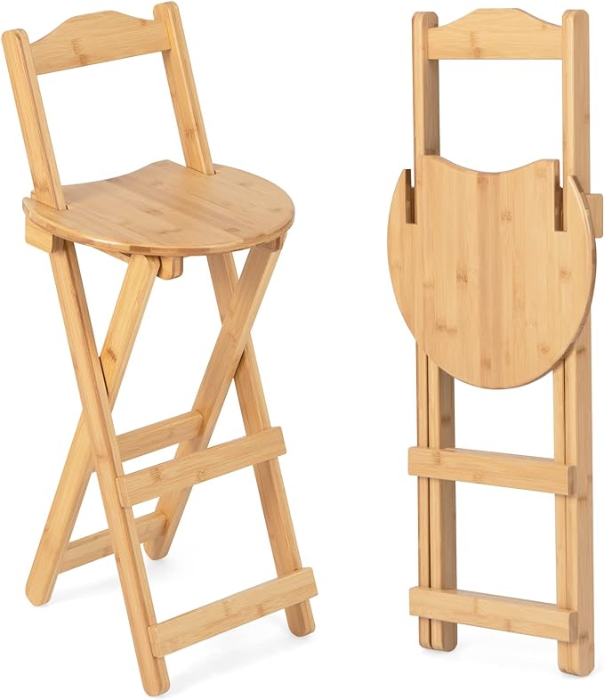 COSTWAY Folding Bamboo Bar Stools Set of 2, 24-inch Kitchen Counter Height Stools with Backrest and Footrest, Portable Bar Chairs for Home Kitchen Island Breakfast, No Assembly, Natural