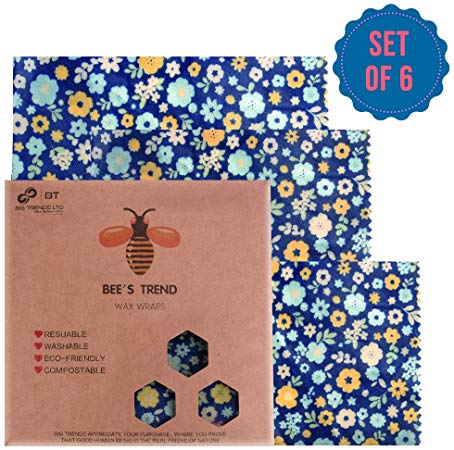 Beeswax Wraps Set of 6 by Bee’s Trend | All Natural Food Storage | Zero Waste Cheese and Sandwich Wrappers | Washable Bowl Covers