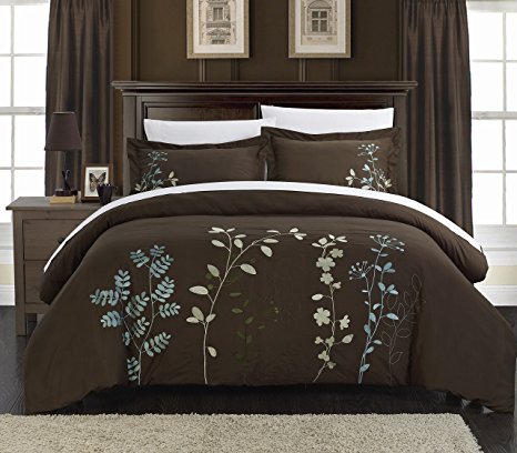 Chic Home 3-Piece Kaylee Floral Embroidered Duvet Set, Queen Brown
