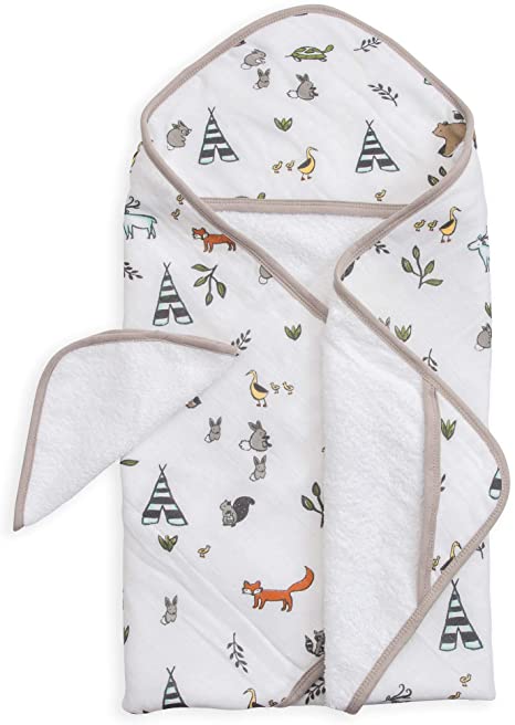 Little Unicorn Cotton Hooded Towel & Wash Cloth Set – 100% Cotton - Machine Washable – Towel 30”x 30”, Washcloth 8”x8” - Playful Design -Infants to 3T- For Boys & Girls - Summer Poppy (Forest Friends)