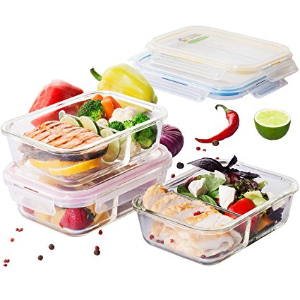 3-Pack Glass Food Storage Containers for Kitchen - Meal Planning Set with Leakproof, Airtight Lids. 100% Hygienic Portion Control Solution - Oven, Microwave, Freezer, Dishwasher Safe (32 Oz)