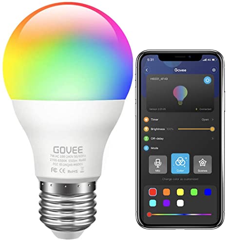 Govee LED Light Bulbs, RGBWW Dimmable Colour Changing Bulb with APP, Music Sync, E27 7W 60W Equivalent Bulbs for Home, Living Room, Bedroom