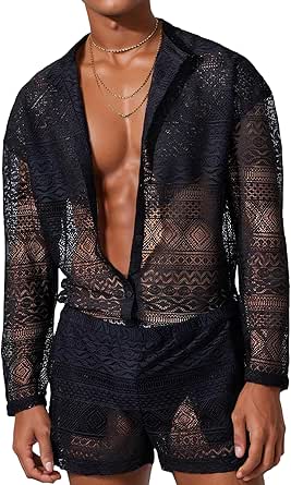 Panegy Men Lace Mesh Outfits 2 Piece Beach Shirt and Shorts Set Tracksuit Summer 2024 M-3XL