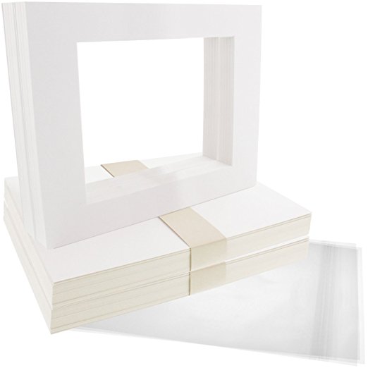 US Art Supply Art Mats Brand Premier Acid-Free Pre-Cut 8x10 White Picture Mat Matte Sets. Includes a Pack of 50 White Core Bevel Cut Mattes for 5x7 Photos, Pack of 50 Backers & Pack of 50 Crystal Clear Plastic Sleeves Bags.
