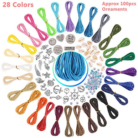 KISSBUTY 1mm 28 Colors Waxed Polyester Twine Cord Macrame Bracelet Thread Artisan String Waxed Ropes with 100 Pcs Mixed Charms Cowrie Shell Beads Kit for Jewelry Making DIY Craft, 10m Each Color