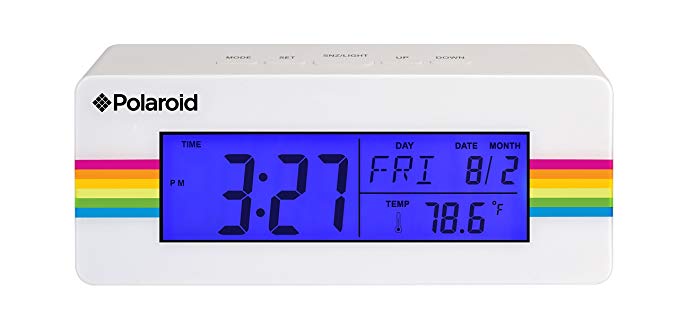 Polaroid Desktop Digital Clock with 12/24 Hour Display, Indoor Temperature, Calendar Display, Alarm/Snooze Functionalities with Blue Back Light