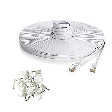 HANYUN CAT7 Double Shielded (SSTP) 10 Gigabit 600MHz Ethernet LAN Network Flat Cable High Speed Patch Cord - Built with Gold Plated & Shielded RJ45 Connectors (82ft/25m, White)