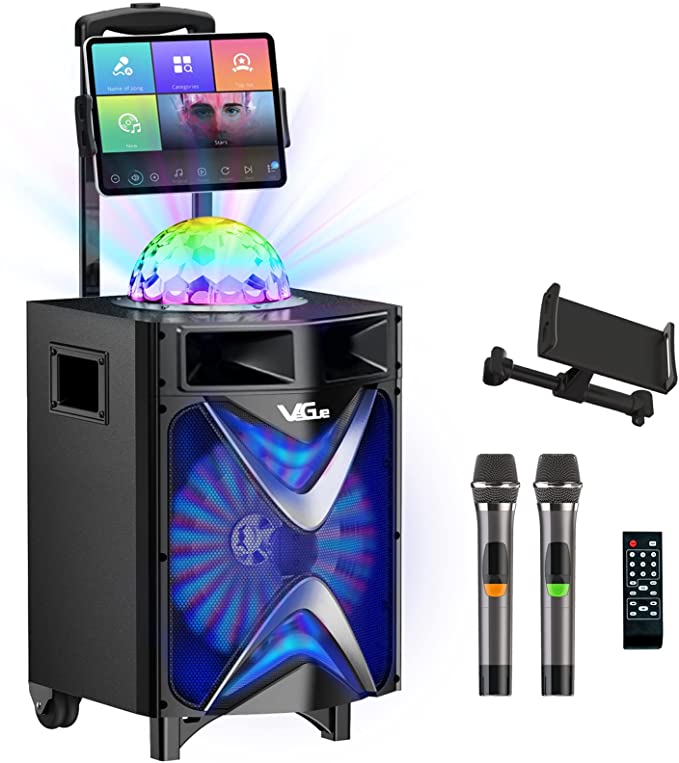 Karaoke Machine with 2 Wireless Microphones, VeGue Portable PA System Bluetooth Speaker with Disco Ball, Tablet Holder, Ideal for Home Karaoke, Party, Church, Outdoor Events (VS-1088)